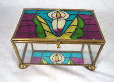 Vintage Stained Glass Trinket Box Floral Brass Glass Jewelry Keepsake
