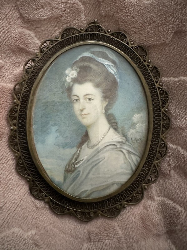 Antique Portrait Filigree Frame Signed Flowers And Ribbon In Hair faux turtle 
