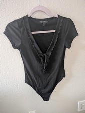 Forever 21 Black Ribbed Bodysuit Small Deep V Tie Front Ruffle Trim Snap Bottom