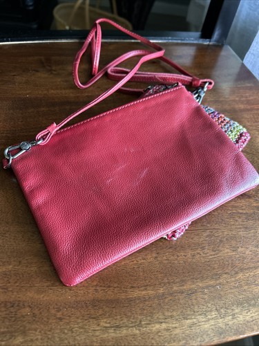 The Sak Red Pink Genuine Leather Crossbody Strap Wristlet + Crocheted Pouch - Picture 4 of 10