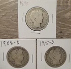 Lot of 3 Barber Silver Half Dollars 1899, 1908-D & 1915-D – Circulated