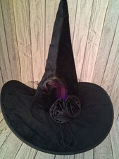 Black Witch Hat Women Halloween Costumes Black Purple Feathers Black Flower Bead
