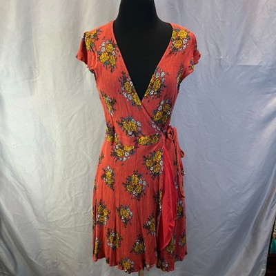 Hem & Thread Wrap Dress Womens Large Red Floral Cap Sleeves Waist Tie V-Neck