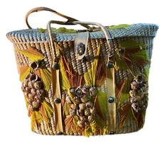 Vintage 1950s 1960s Straw Basket Handbag Raffia Floral Tiki Decor Display