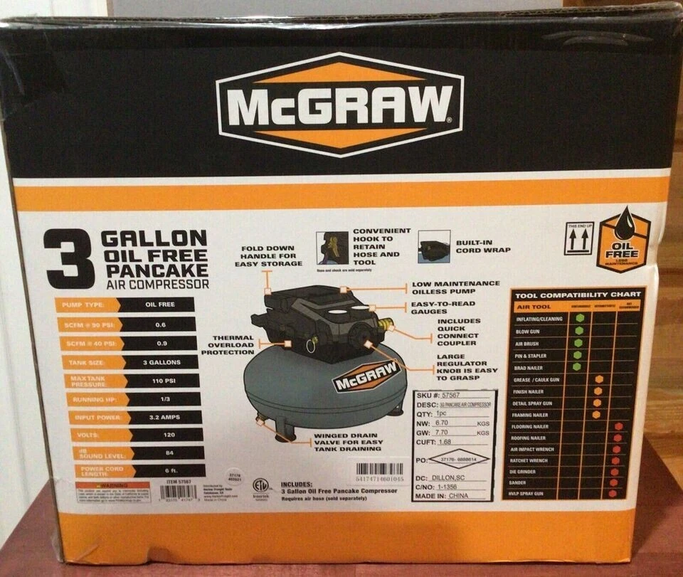 3 Gallon, 1/3 HP, 110 PSI Oil-Free Pancake Air Compressor