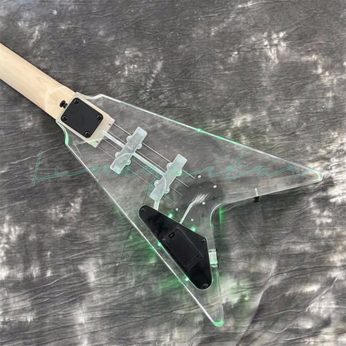 Acrylic Electric Bass Guitar Flying V with Green LED Light SS Pickups in Stock - Picture 5 of 6