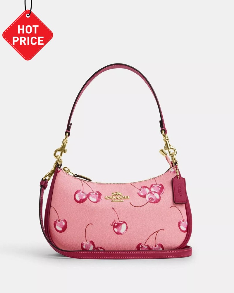COACH CR290 Teri 2way Shoulder Bag In Pebble Leather Cherry Print Pink NWT