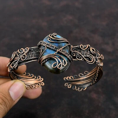 Women's Day Sale Labradorite Copper Mom Gift Wire Wrapped Adjustable Cuff - Image 1 of 4