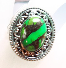 sterling silver green turquoise ring, size 8, 5.65 grams, 7/8" x 3/4" head