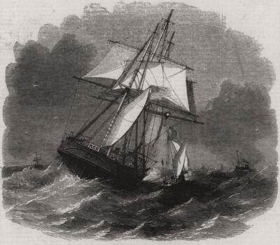 Hoisting pilot on board in heavy weather. The Liverpool pilot boats 1857 print