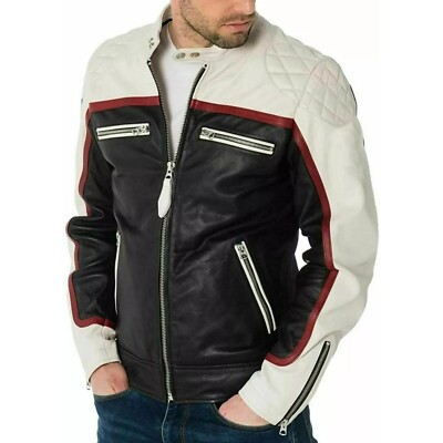 Men White Black Smooth Zipper Classy Multicolor Café Racer Biker Leather Jacket