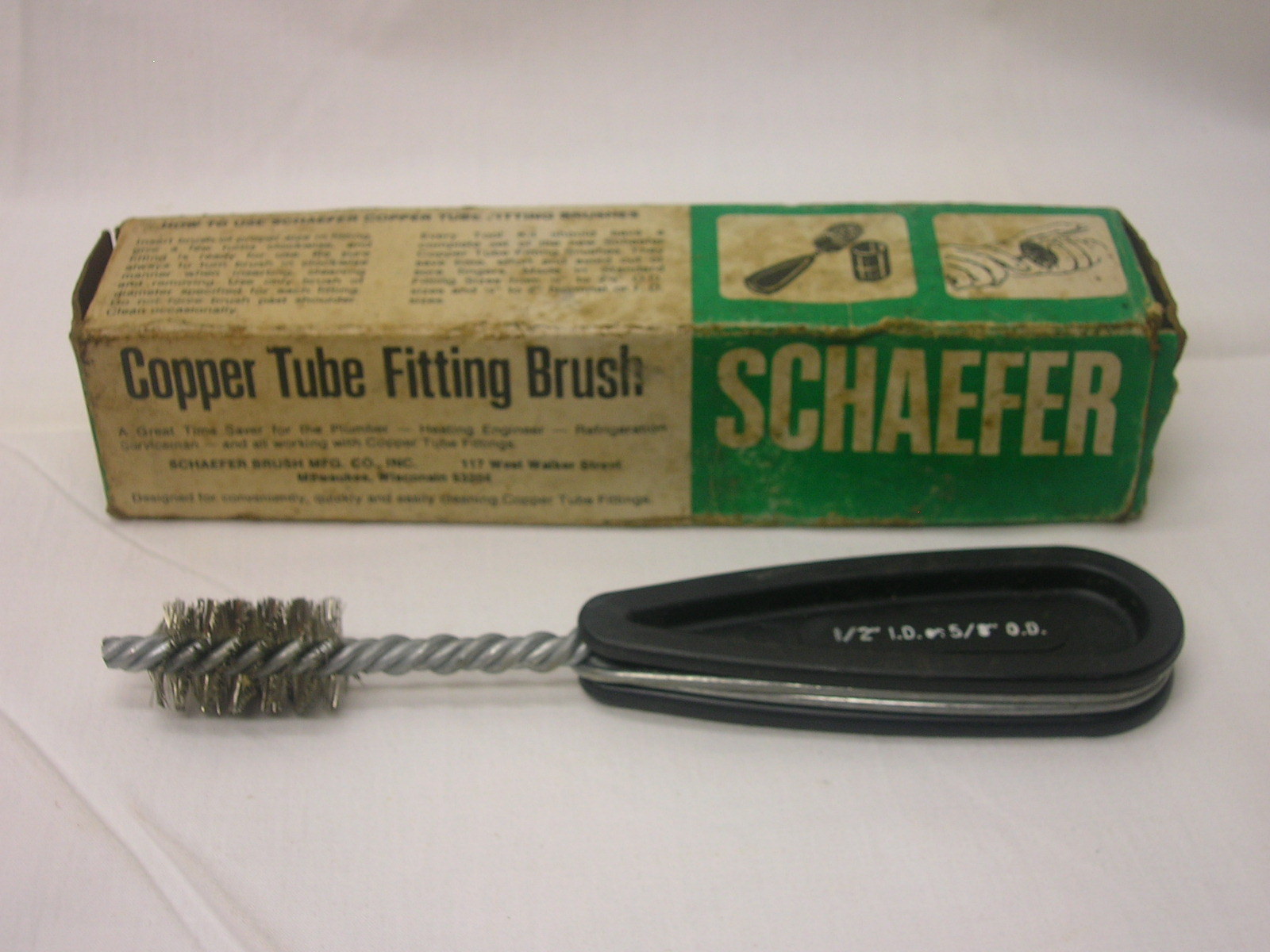 Vtg Schaefer Copper Tube Fitting Brush Original Box Made in USA 1/2" ID on 5/8" 