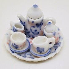 Dollhouse Miniature Floral Design Ceramic Tea Set of 10 Pieces