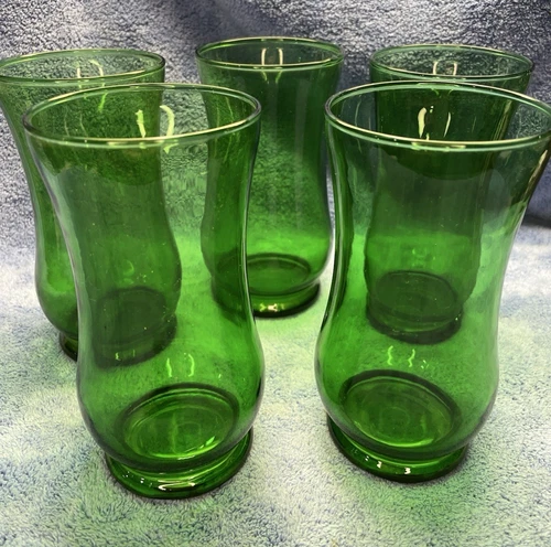 VTG Anchor Hocking Emerald Green Bulbous 6" Drinking Glasses Set of 5