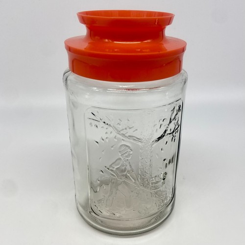 Anchor Hocking Autumn Scene 28 oz. Orange Tang Lid Embossed Glass Jar Vintage - Picture 5 of 8