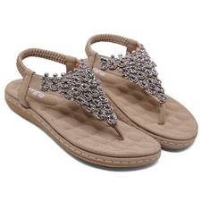 Women Dressy Rhinestone Summer Sandals - Thong Flat T-Strap Boho Beige SZ 8.5
