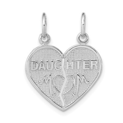 14k White Gold DAUGHTER-MOM 2-Piece Break-apart Heart Charm Pendant L-0.91 Inch