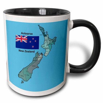 3dRose New Zealand Flag & Map Regions Identified Two-Tone Black/White Mug 11oz