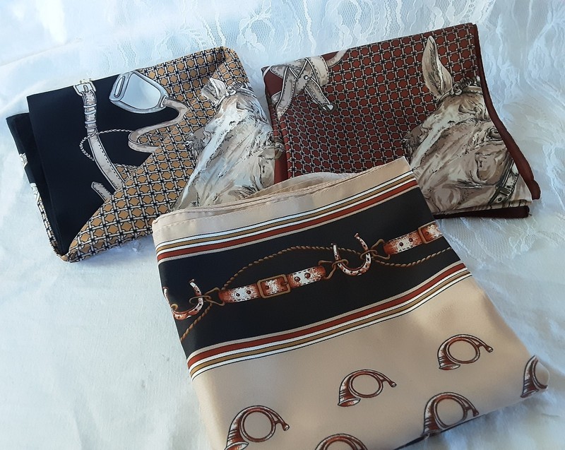 3 Equestrian Scarves▪︎26" Square▪︎100% Polyester▪︎Made in Italy▪︎Horses/Tack 