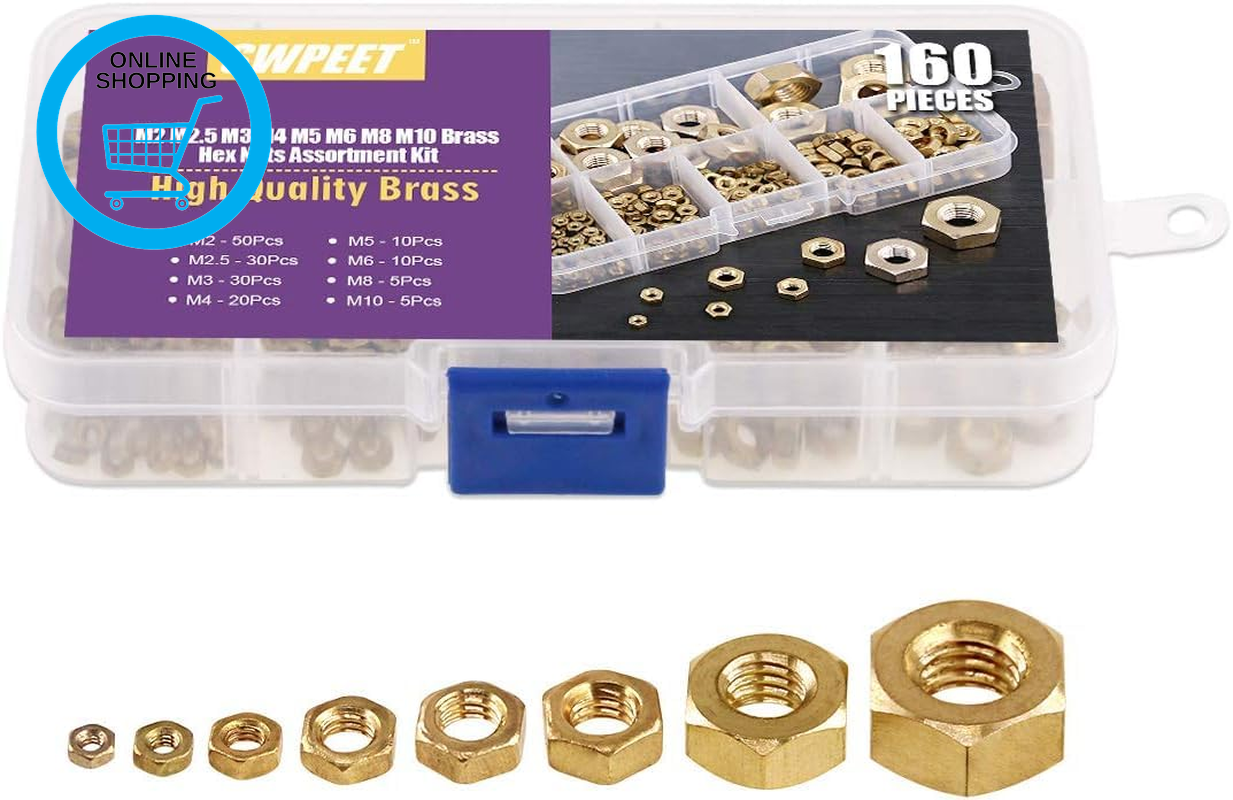 160Pcs Metric M2 M2.5 M3 M4 M5 M6 M8 M10 Brass Hex Nuts Assortment Kit, Full Fin