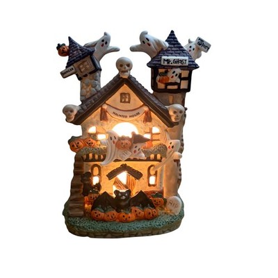 Vintage Haunted House 1990s Ceramic Ghost Pumpkin Halloween Light Up Village