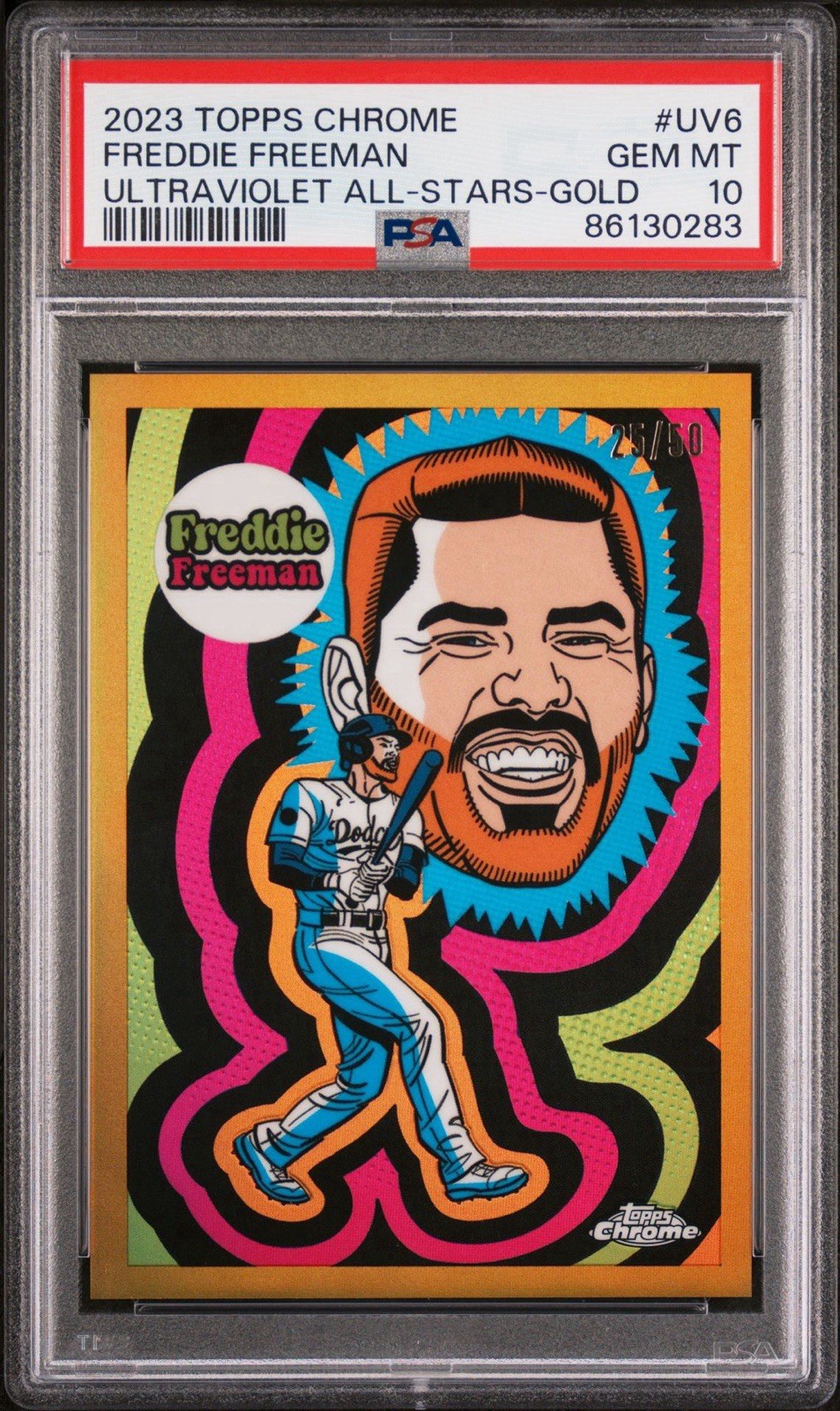 2023 Topps Chrome - Ultraviolet Freddie Freeman #UV-6 Gold Refractor /50. PSA 10 view 1