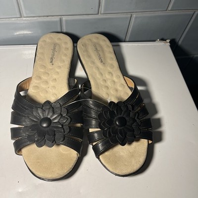 Comfortview  Women's Size 10W Black Slide Sandals Flower Accent