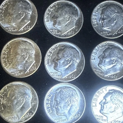 Lot 90% Silver Dimes! 9 UNC 1963 Rosevelt Silver Dimes. Get What’s Seen🔥