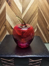 Mid Century Viking Rainbow Clear Red Art Glass Apple Paperweight Green Stem