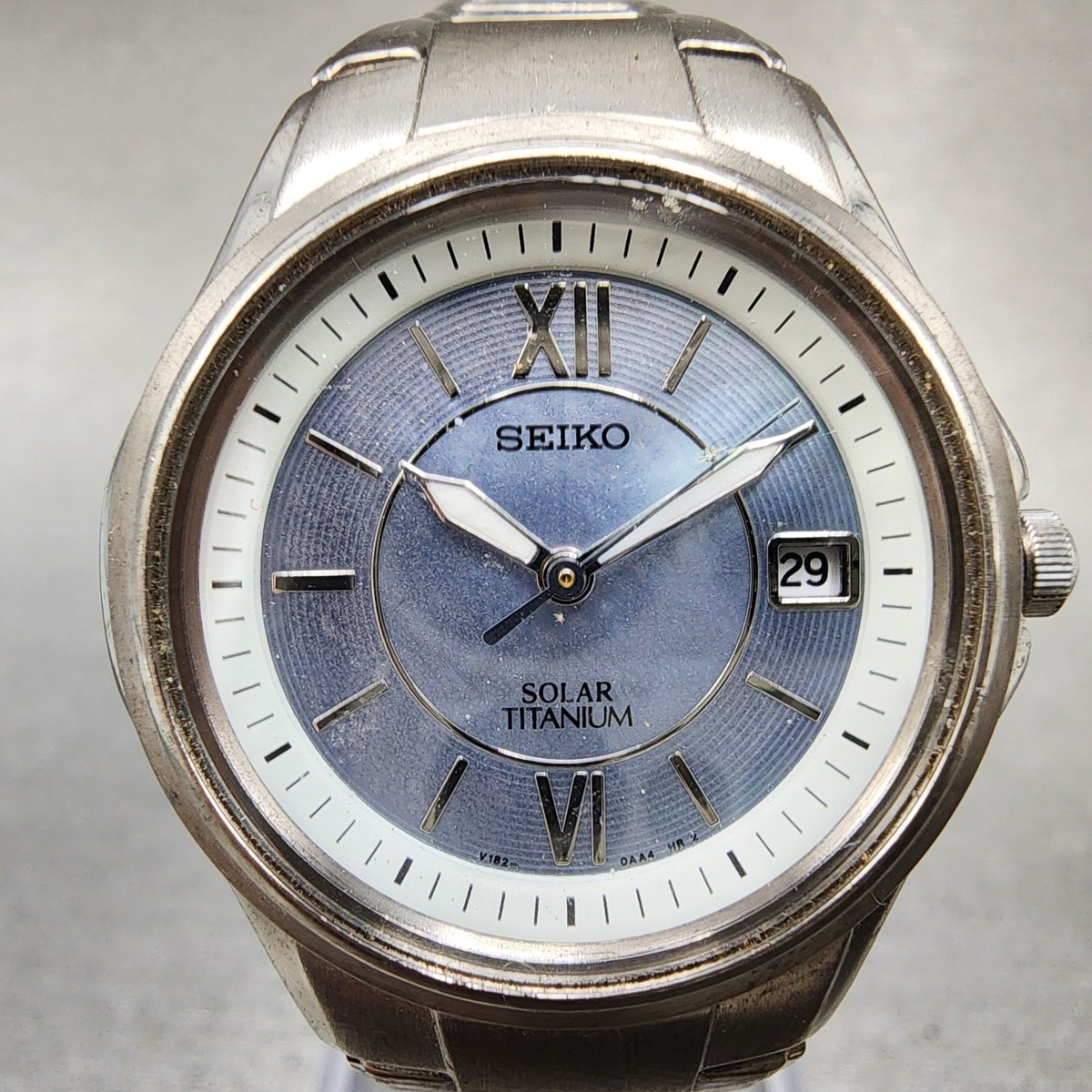 Seiko Solar Watch Women 29mm MOP Dial Titanium Date Round V182