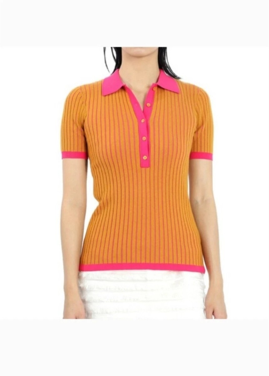 Burberry Ladies Knit Tops Solid Ochre Colorblock Ribbed Polo Shirt Large