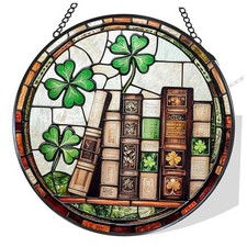Books and Four-Leaf Clover Stained Glass Window Hanging Suncatcher, St