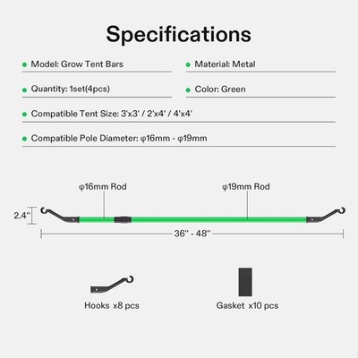 VIVOSUN 4 Sets Grow Tent Mounting Poles for 2'x2'/3'x3'/4'x2'/4'x4