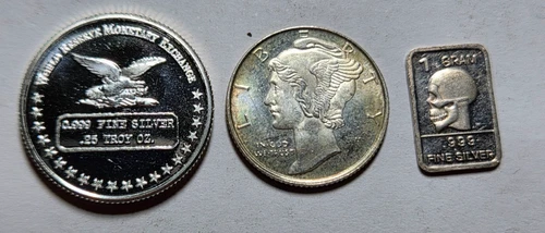 World Reserve 1/4 Oz + 1/10 Merc Dime + 1g Skull~ 999 Fine Silver Coin/Round Lot