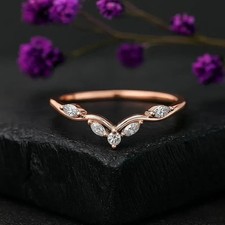 Solid 14K Rose Gold Marquise & Round Cut Art Deco Moissanite Curved Wedding Band