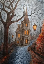 Original Painting ABANDONED CASTLE Magical Fantasy MYSTERIOUS FOREST Art Gift A4