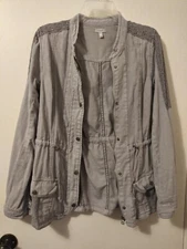 Maurices Jacket Medium Gray Lace Zip Snap Pockets Drawstring Waist Roll Tab Long