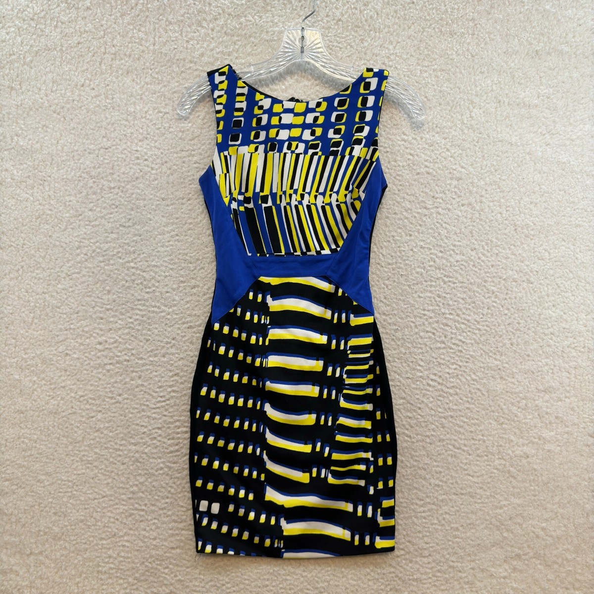 Bebe Cocktail Mini Dress XXS XS Black Blue Yellow Pattern Bodycon  Sleeveless | eBay