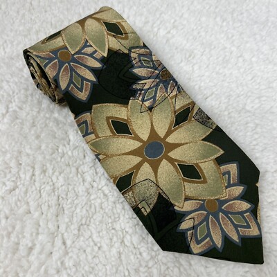 Christian Dior Monsieur Mens Silk Neck Tie Green Beige Floral Classic 57x3.75