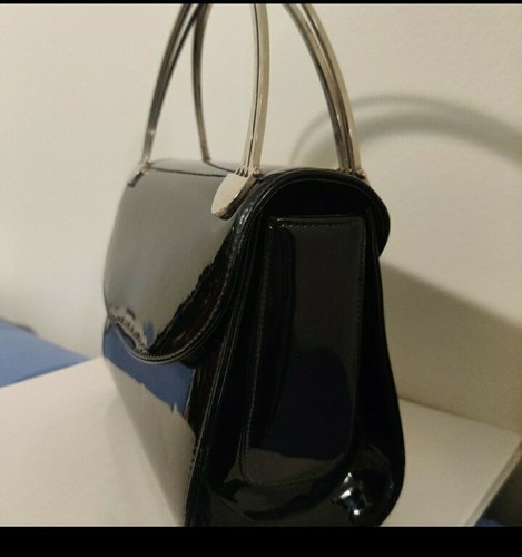 Vintage 60s Grace Kelly Patent Leather Box Purse Orb Metal Handles GoGo Rare - Picture 11 of 12