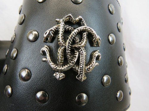 ROBERTO CAVALLI BLACK LEATHER SNAKE MEDALLION LOGO STUD SANDAL 43.5 / 10.5 ITALY - Picture 2 of 12