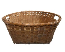 RARE 19TH C AMERICAN ANTIQUE PRIMITIVE 23" X-LG WVN SPLINT BLK ASH GTHRNG BASKET
