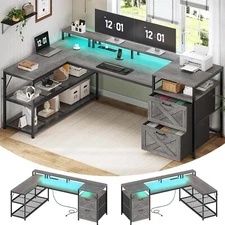 67" L Shaped Computer Desk with 2 Drawers, LED Lights and Power Outlet (Grey)