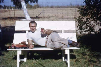 35mm Slide 1950s Red Border Kodachrome Man Park Bench Drinking Embassy Club Beer