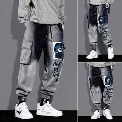 Men's Casual Denim Jogger Pants Sweatpant Drawstring Elastic Waist Trousers Jean