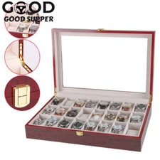24-Slot Wood Box Watch Holder Storage Display Case Jewelry Large Storage Space