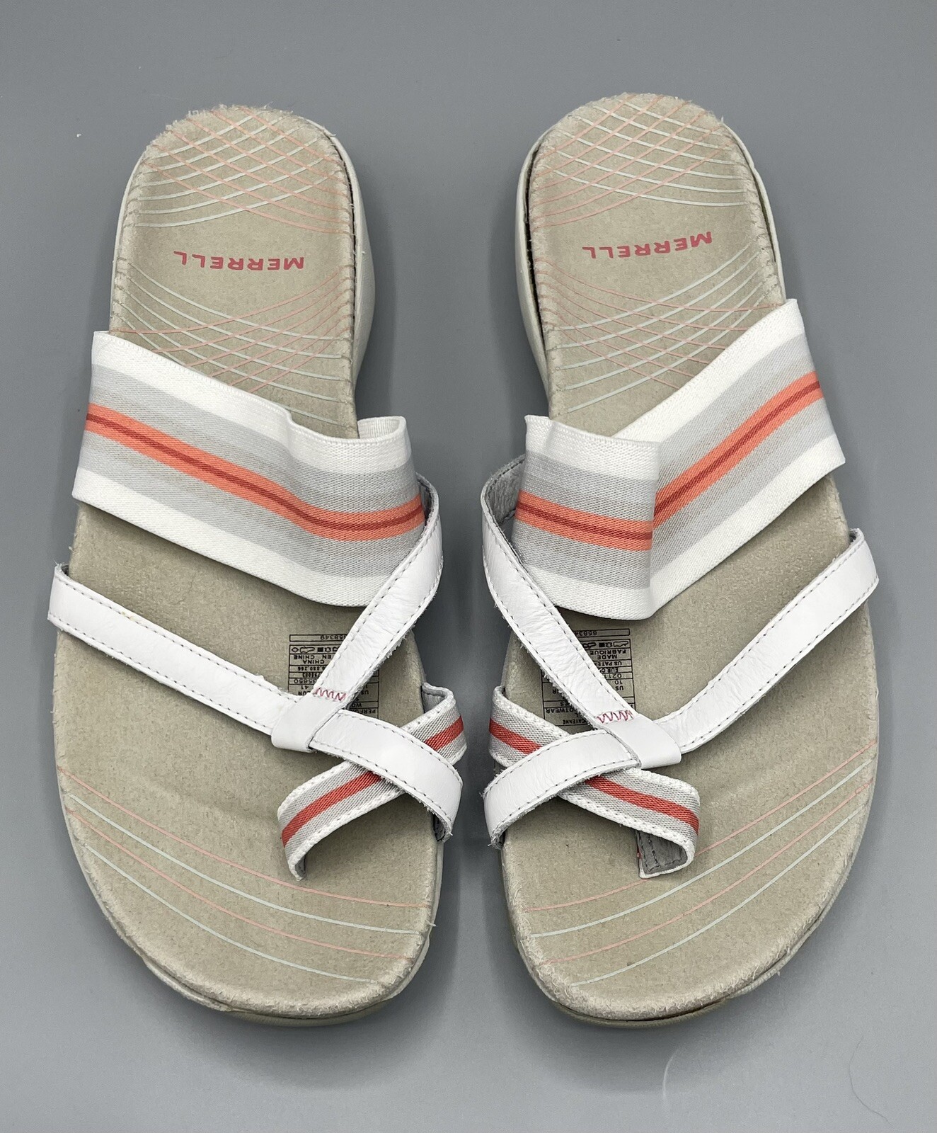 Sandali da donna Merrell Zinnia bianchi arancio a righe slide in pelle neoprene taglia 10