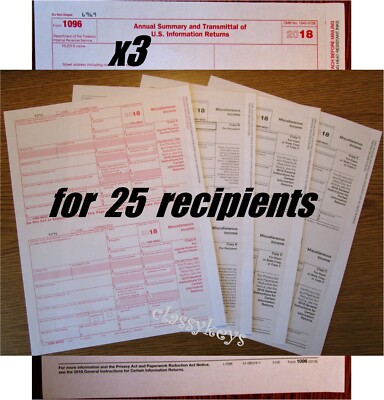 2018 IRS Tax Form 1099-MISC Laser 25 recipients+(3)1096 #TF6103 4-pt -- NO Env