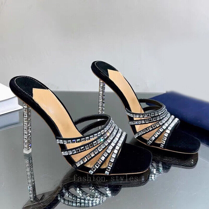 PANTOFOLA D’ORO Ciabatte Romane Strass Tacco Alto Cristallo Sottile Punta Aperta Cinturino Dritto