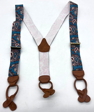 Vintage 1980s Mens Y-Back Adjustable Blue Paisley Suspenders Cloth Leather Metal